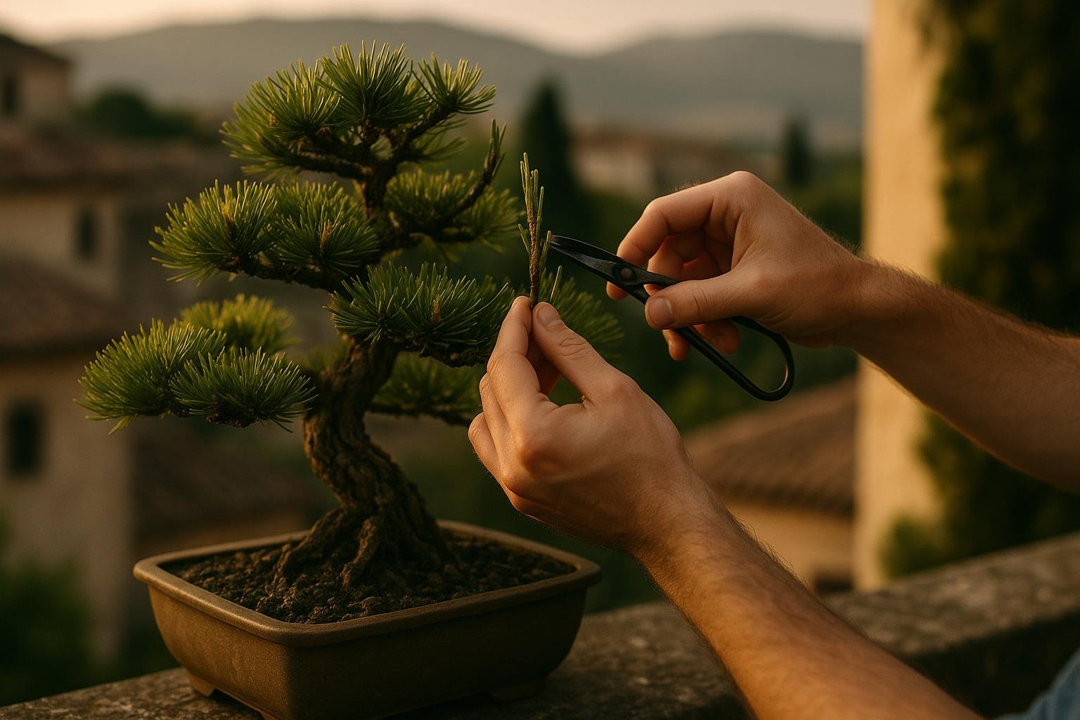 Cimatura delle candele su un pino bonsai con forbici da bonsai