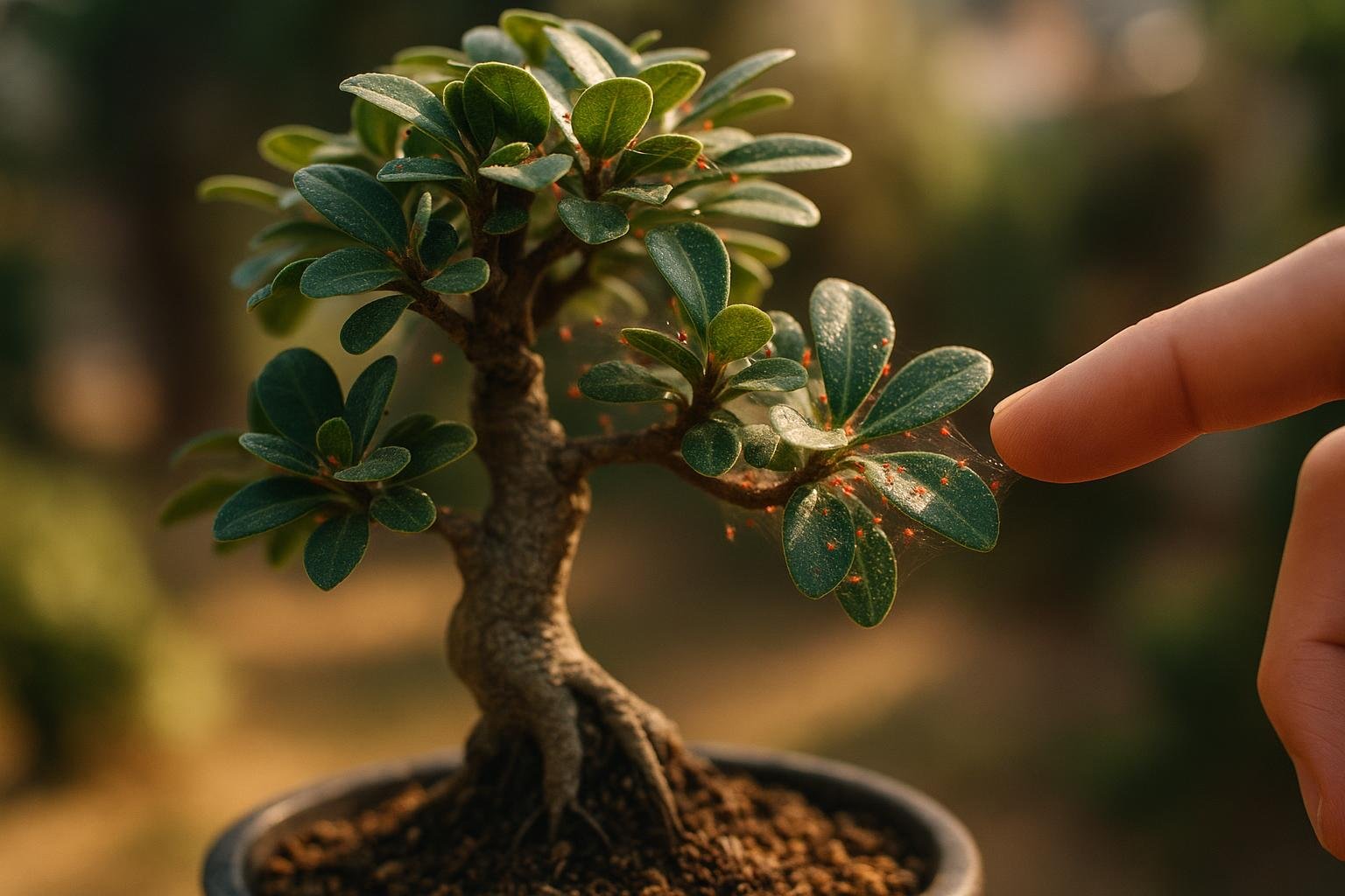 Foglie di bonsai con segni di infestazione di ragnetti rossi