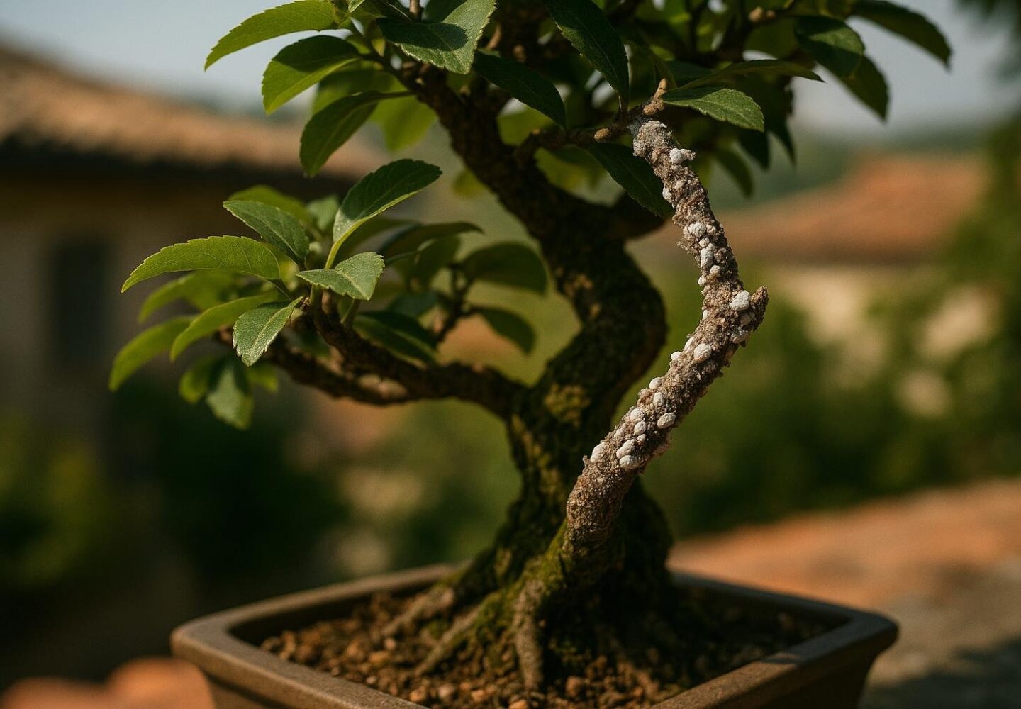 Cocciniglia bianca cotonosa su rami di bonsai osservata da vicino