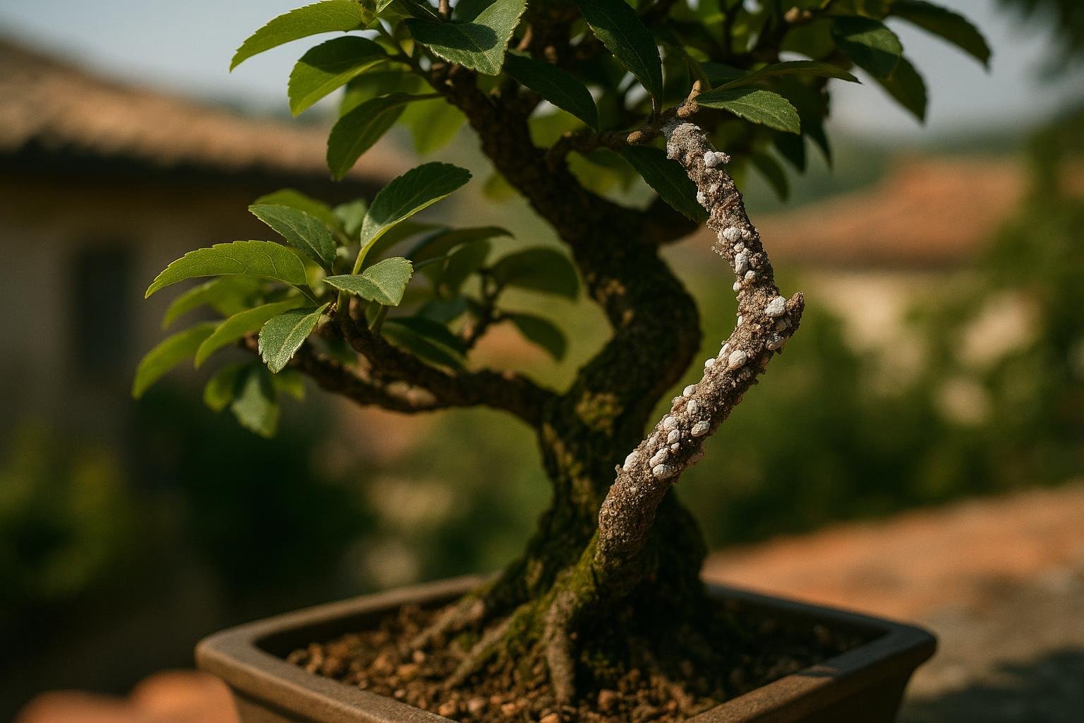 Cocciniglia bianca cotonosa su rami di bonsai osservata da vicino