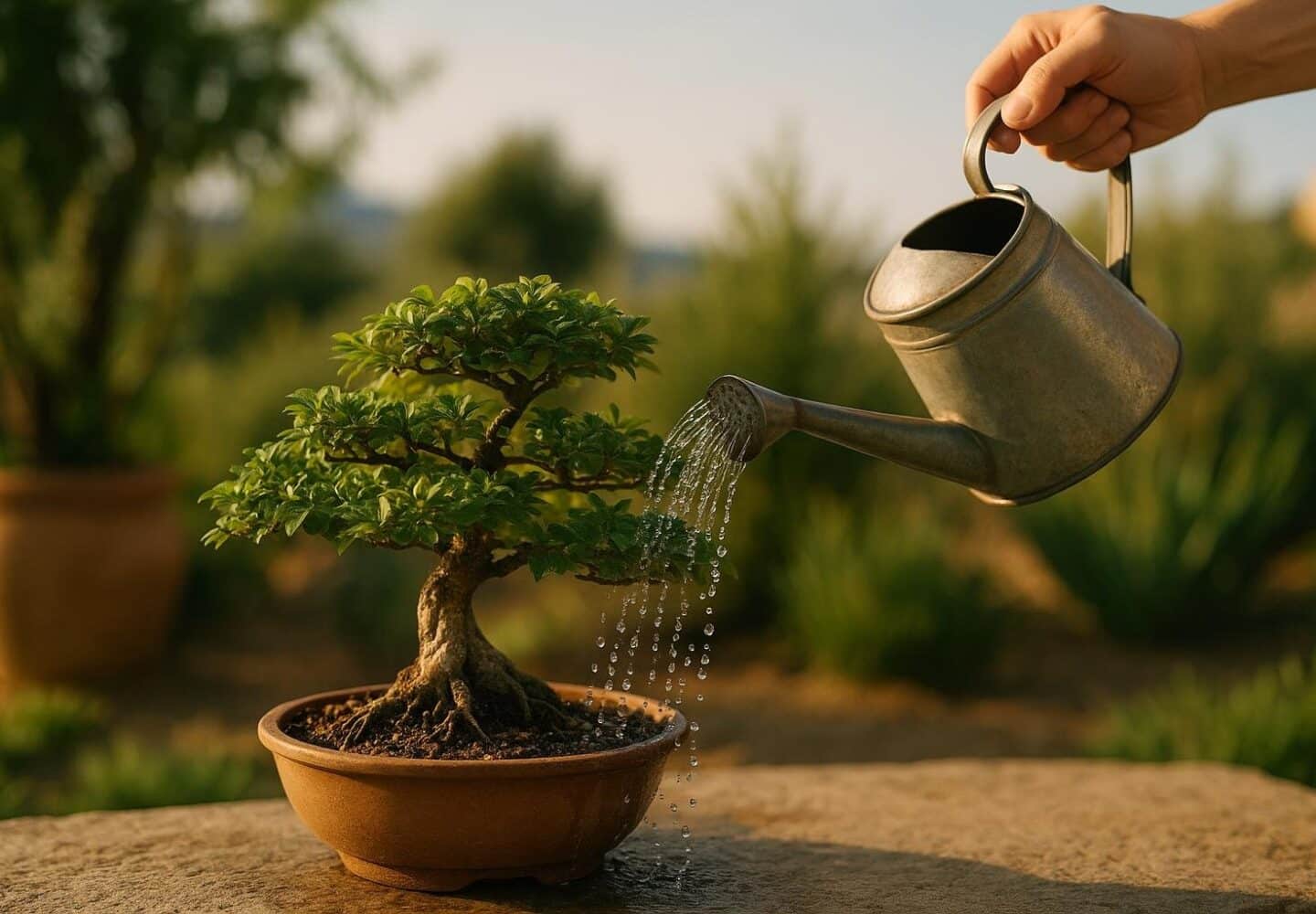 Annaffiatura estiva di un bonsai con annaffiatoio a doccia in giardino