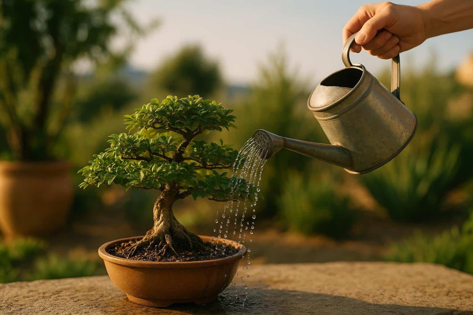 Annaffiatura estiva di un bonsai con annaffiatoio a doccia in giardino