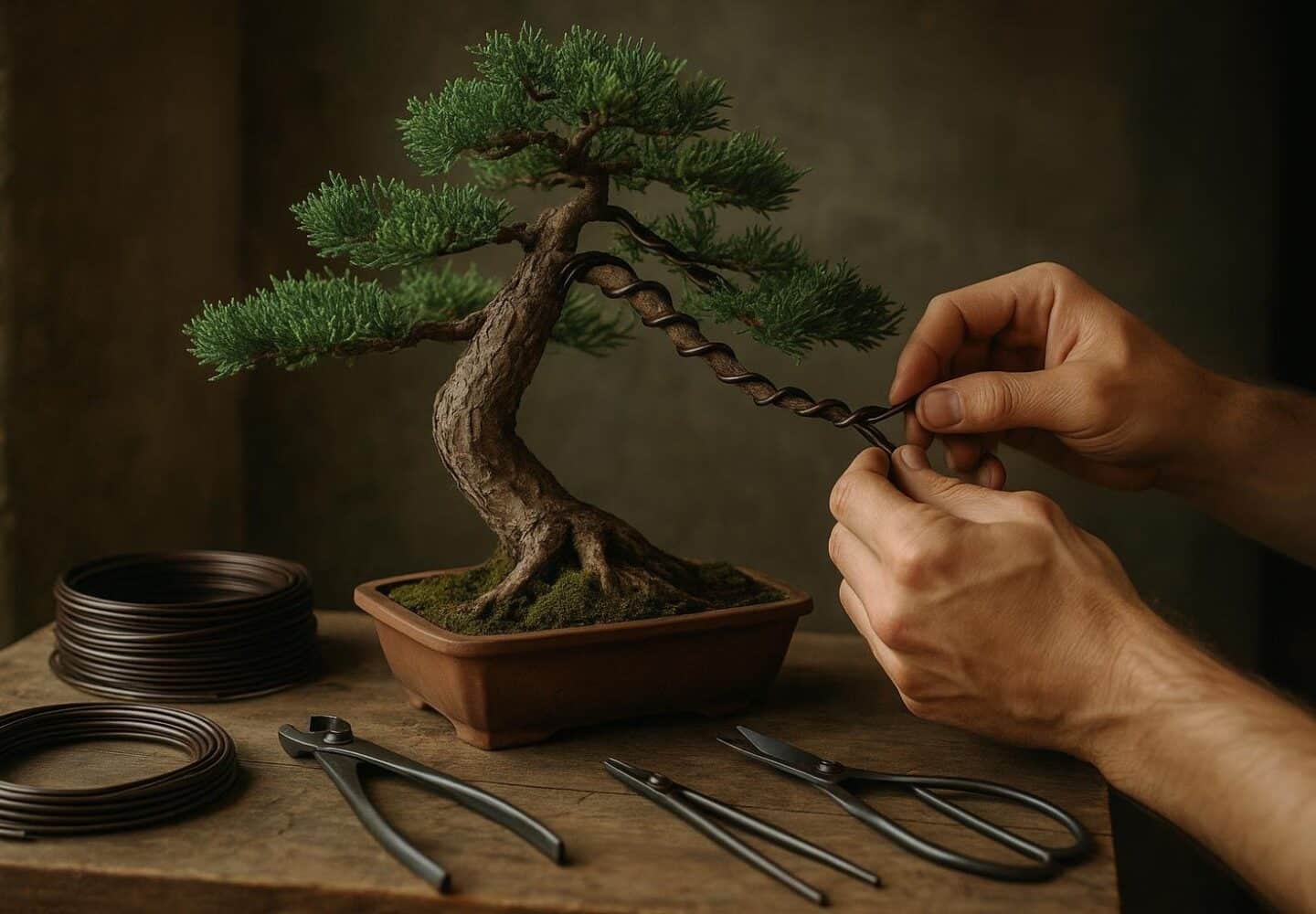Drahten eines Bonsai-Astes mit Aluminium-Draht aus der Nahaufnahme