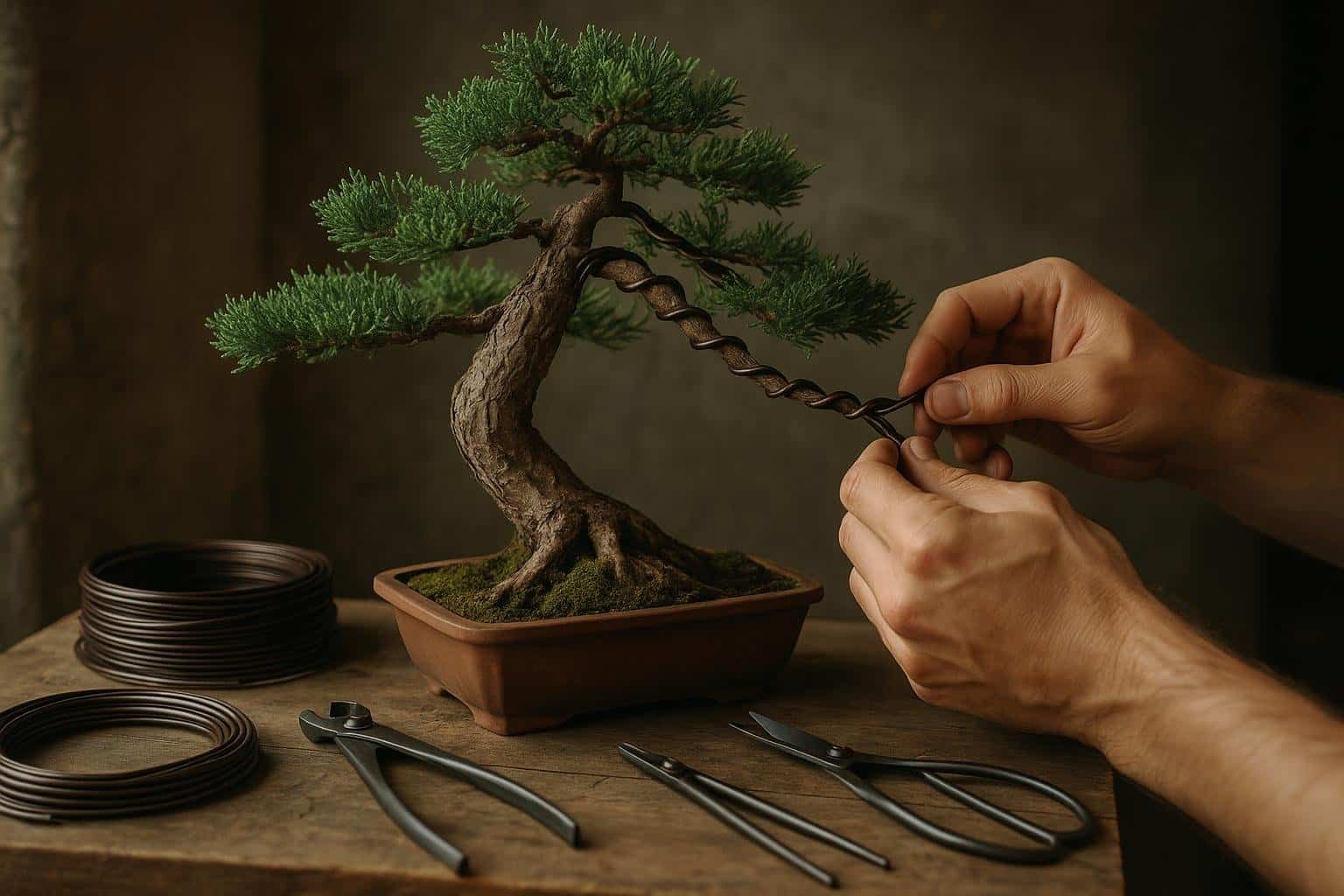 Drahten eines Bonsai-Astes mit Aluminium-Draht aus der Nahaufnahme