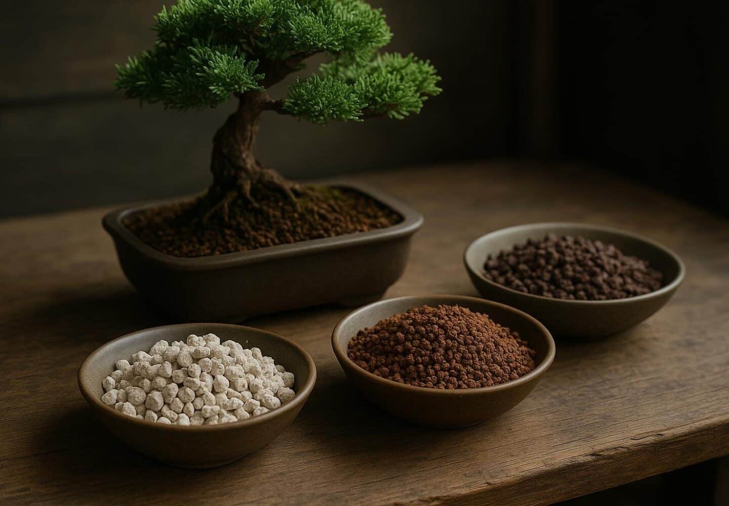 Bonsai soil mix with akadama, pumice and lava rock granules in a tray