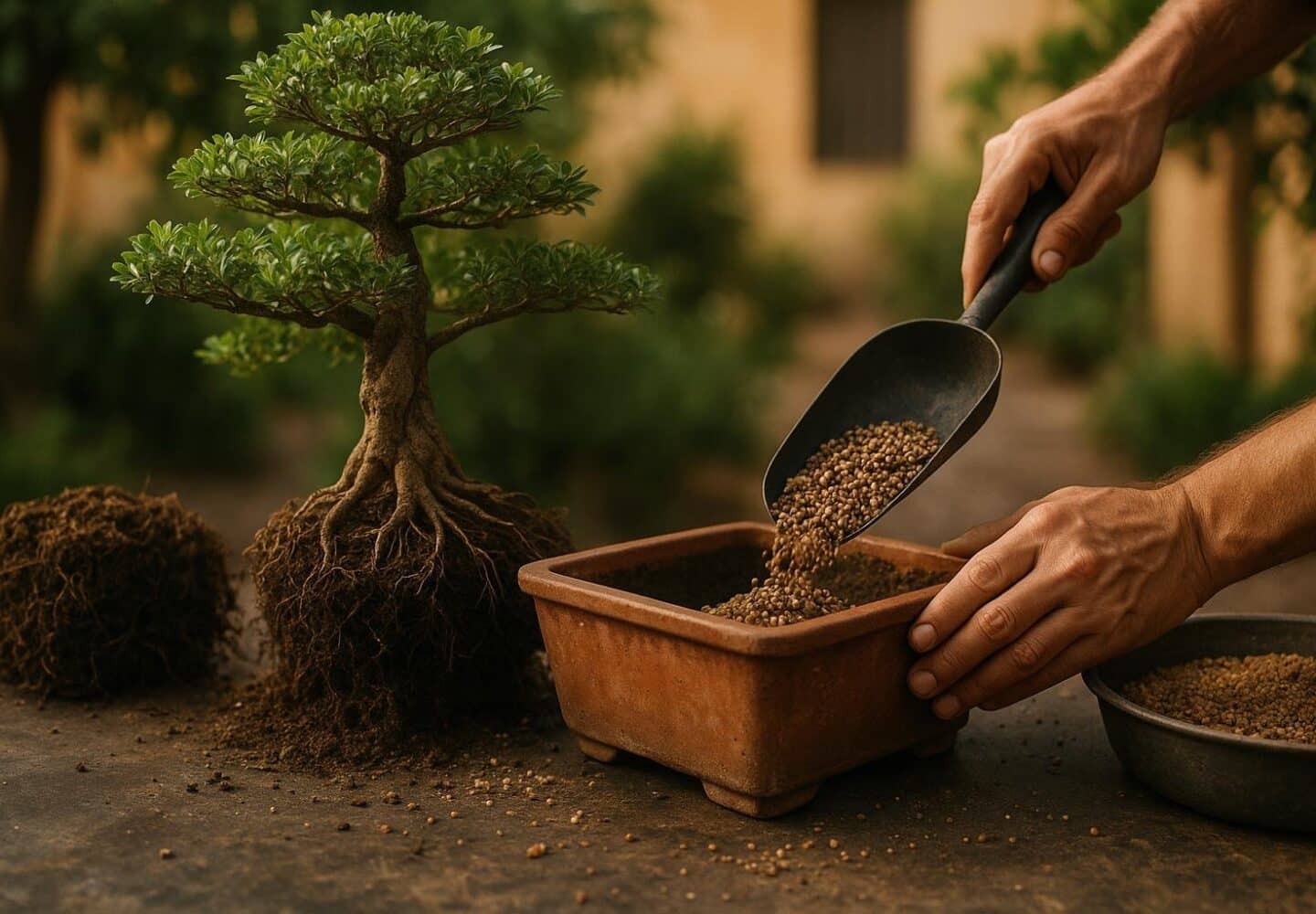 Rinvaso di un bonsai con potatura delle radici e substrato fresco