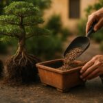 Rinvaso di un bonsai con potatura delle radici e substrato fresco