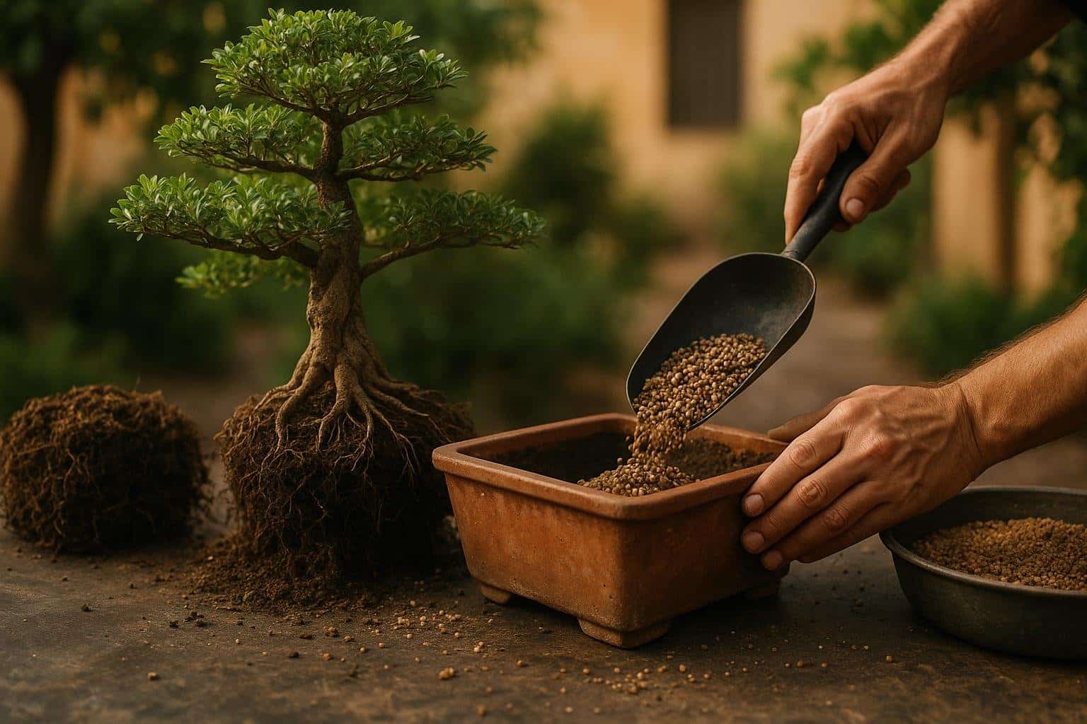 Rinvaso di un bonsai con potatura delle radici e substrato fresco
