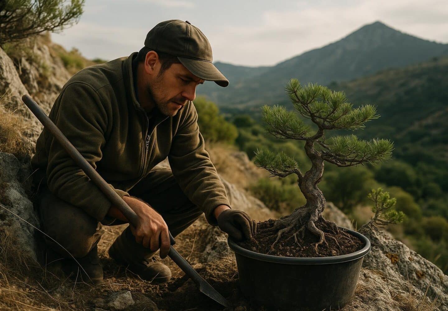 Yamadori bonsai raccolto in natura con tronco scolpito dal tempo
