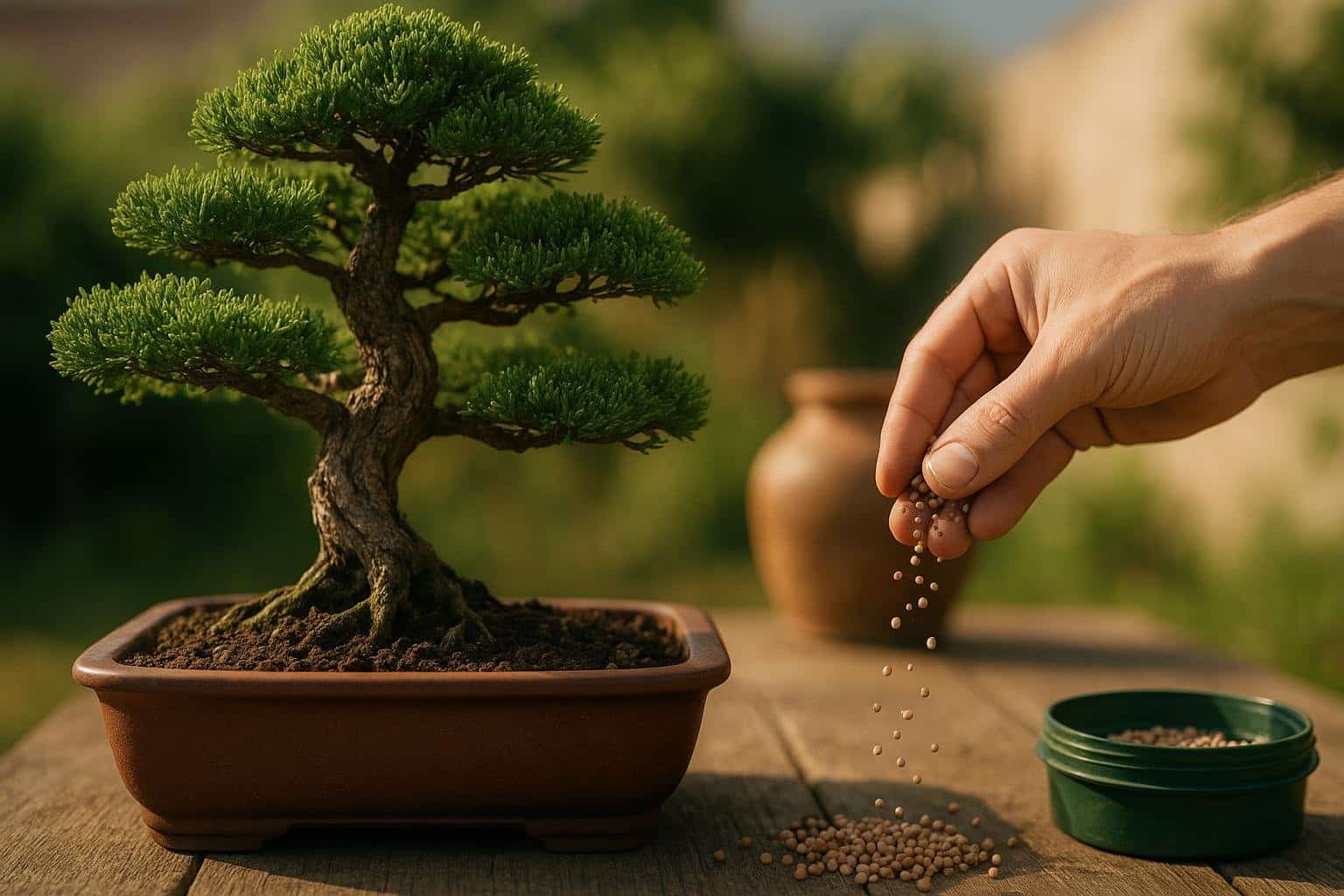 Concimazione organica di un bonsai con palline a lento rilascio sul substrato