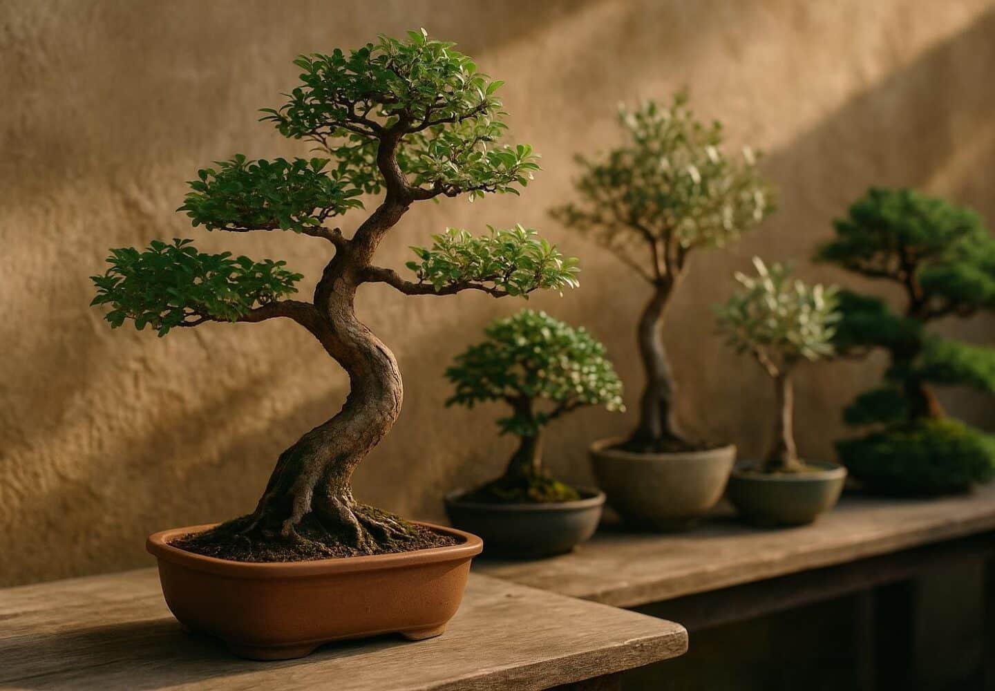 Specie di bonsai facili per principianti su un tavolo da lavoro