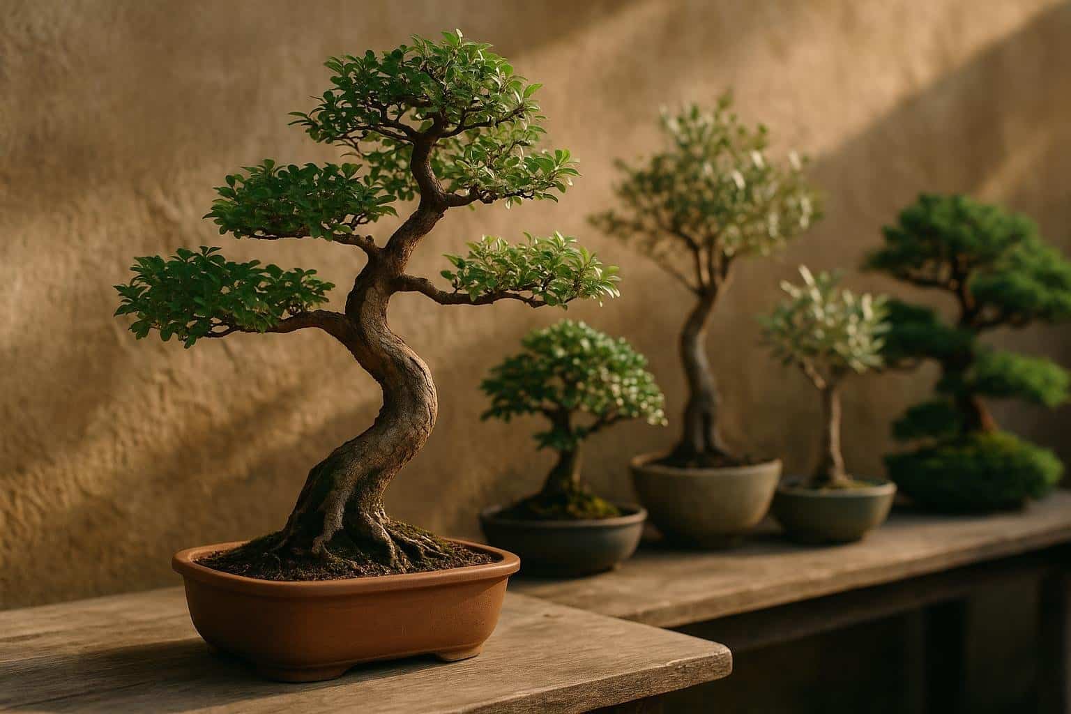 Specie di bonsai facili per principianti su un tavolo da lavoro