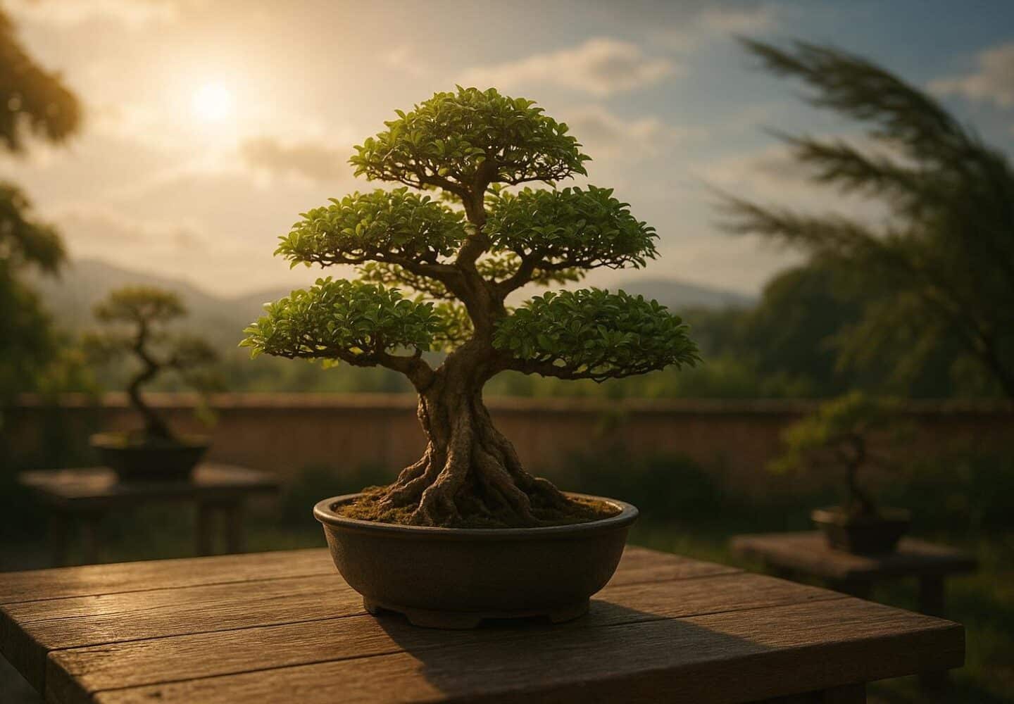 Bonsai in posizione estiva con sole filtrato da una stuoia di canne