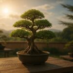 Bonsai in posizione estiva con sole filtrato da una stuoia di canne