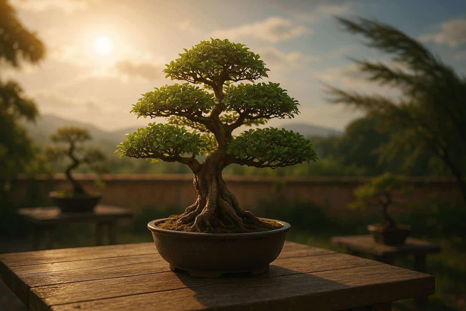 Bonsai in posizione estiva con sole filtrato da una stuoia di canne