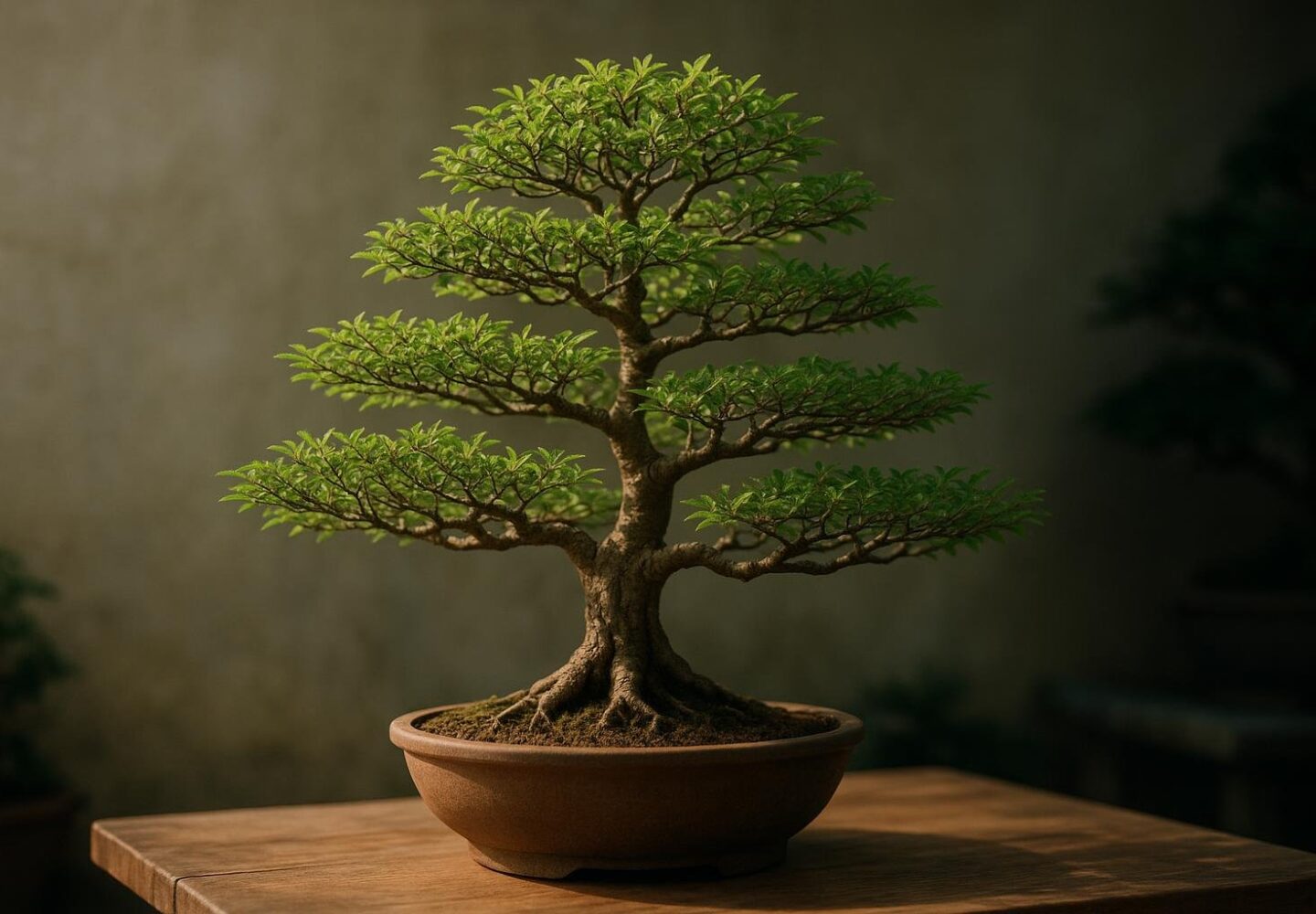 Ramificazione fitta di un bonsai con rami fini ben distribuiti