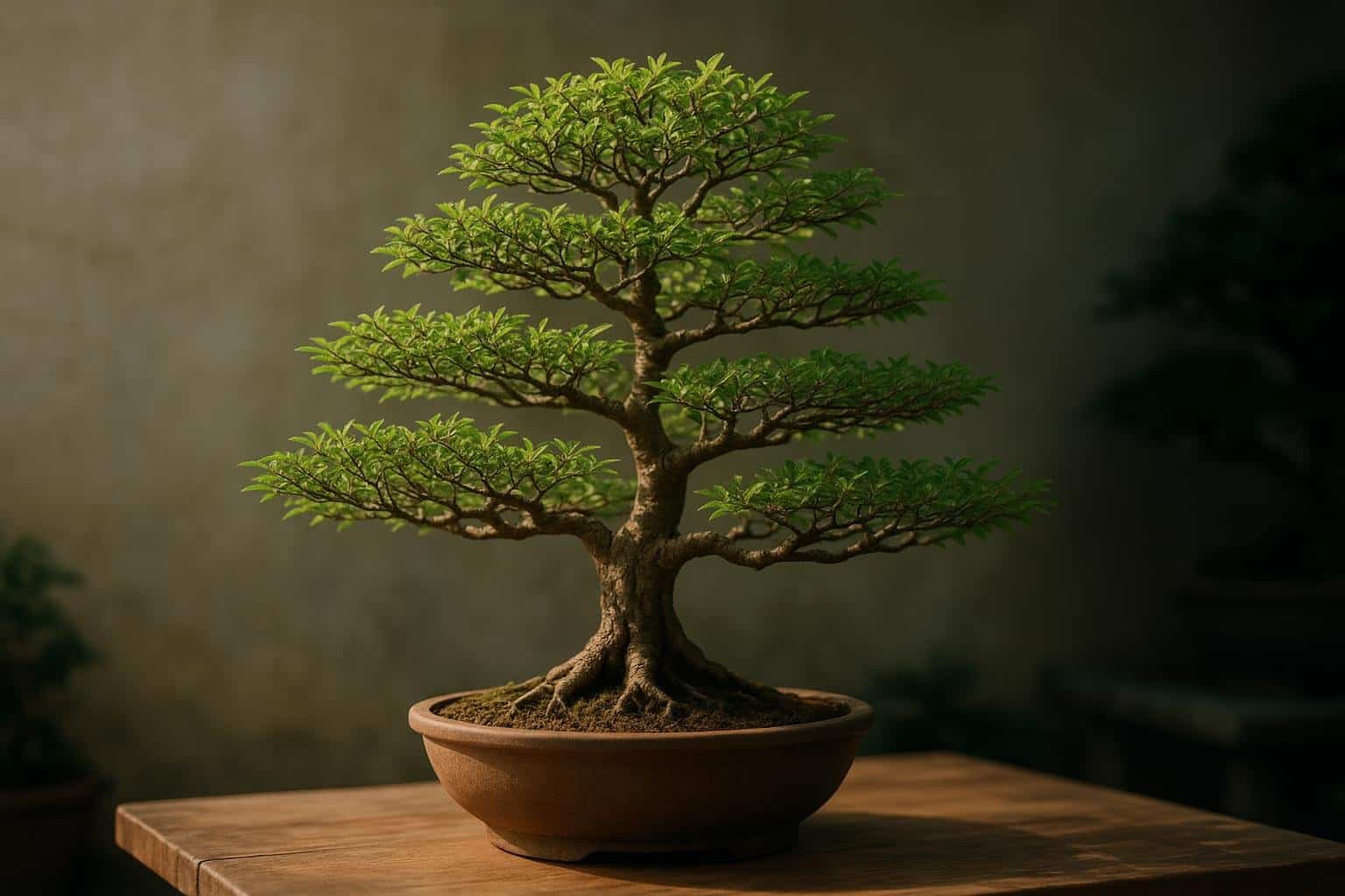 Ramificazione fitta di un bonsai con rami fini ben distribuiti