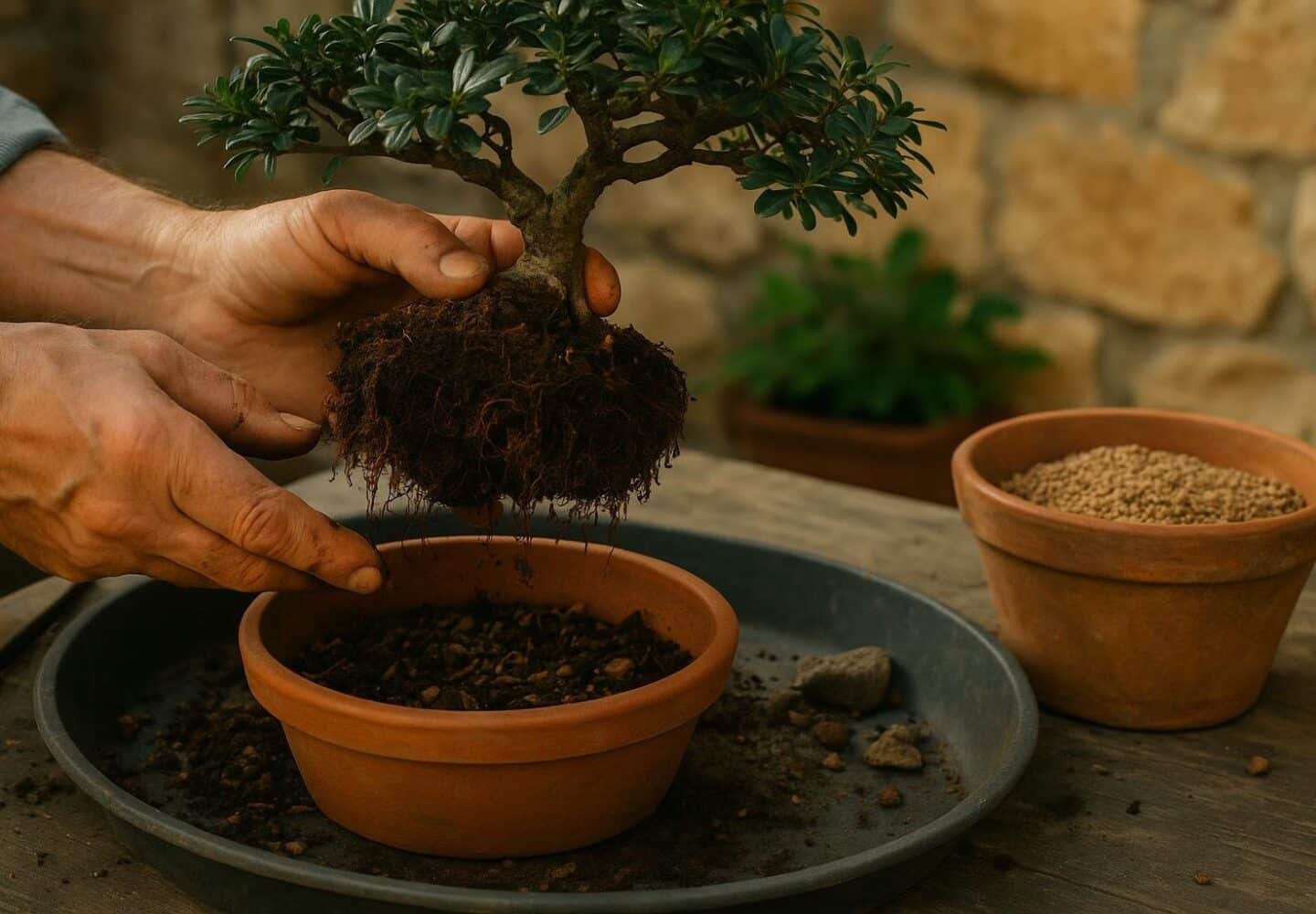 Rempotage d un bonsai avec taille des racines et substrat drainant frais