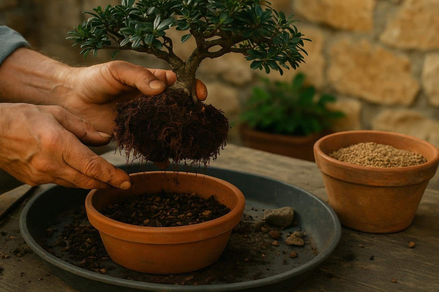 Rempotage d un bonsai avec taille des racines et substrat drainant frais