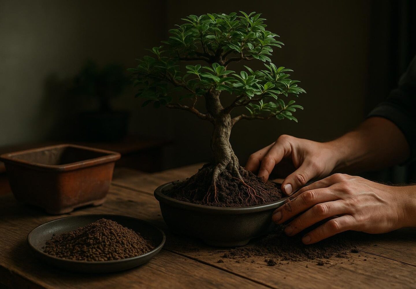 Bonsai-Umtopfen mit Wurzelschnitt und frischem Substrat