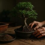 Bonsai-Umtopfen mit Wurzelschnitt und frischem Substrat