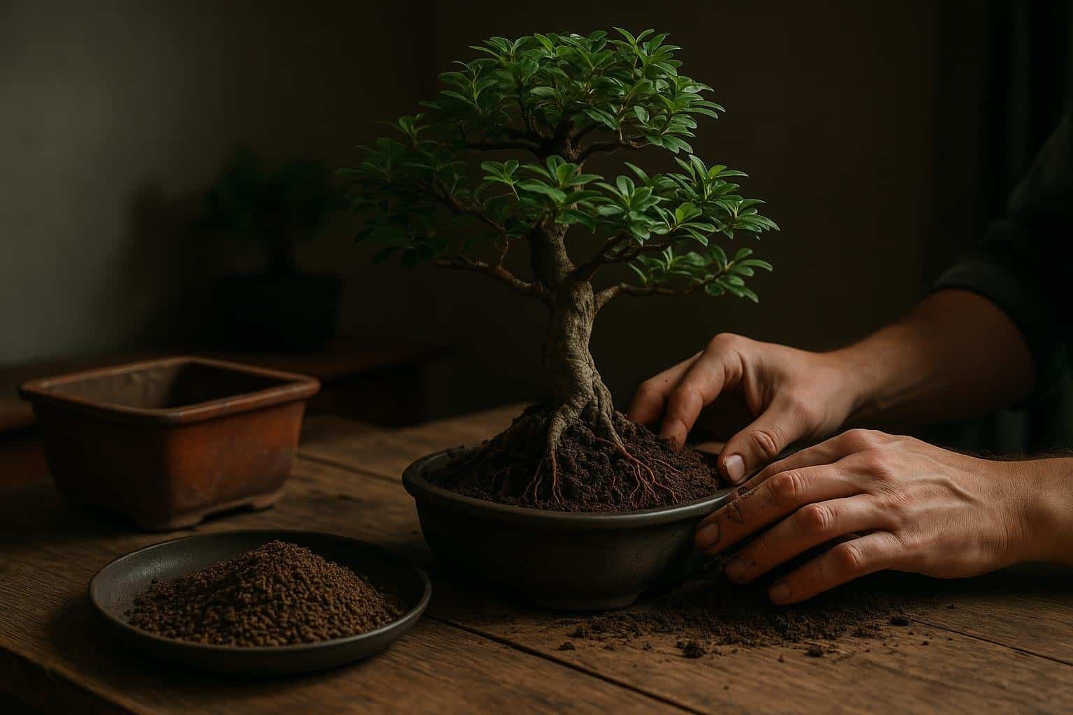 Bonsai-Umtopfen mit Wurzelschnitt und frischem Substrat