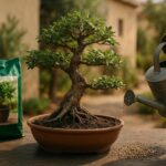 Organische Langzeitdunger-Pellets auf dem Substrat eines Bonsai