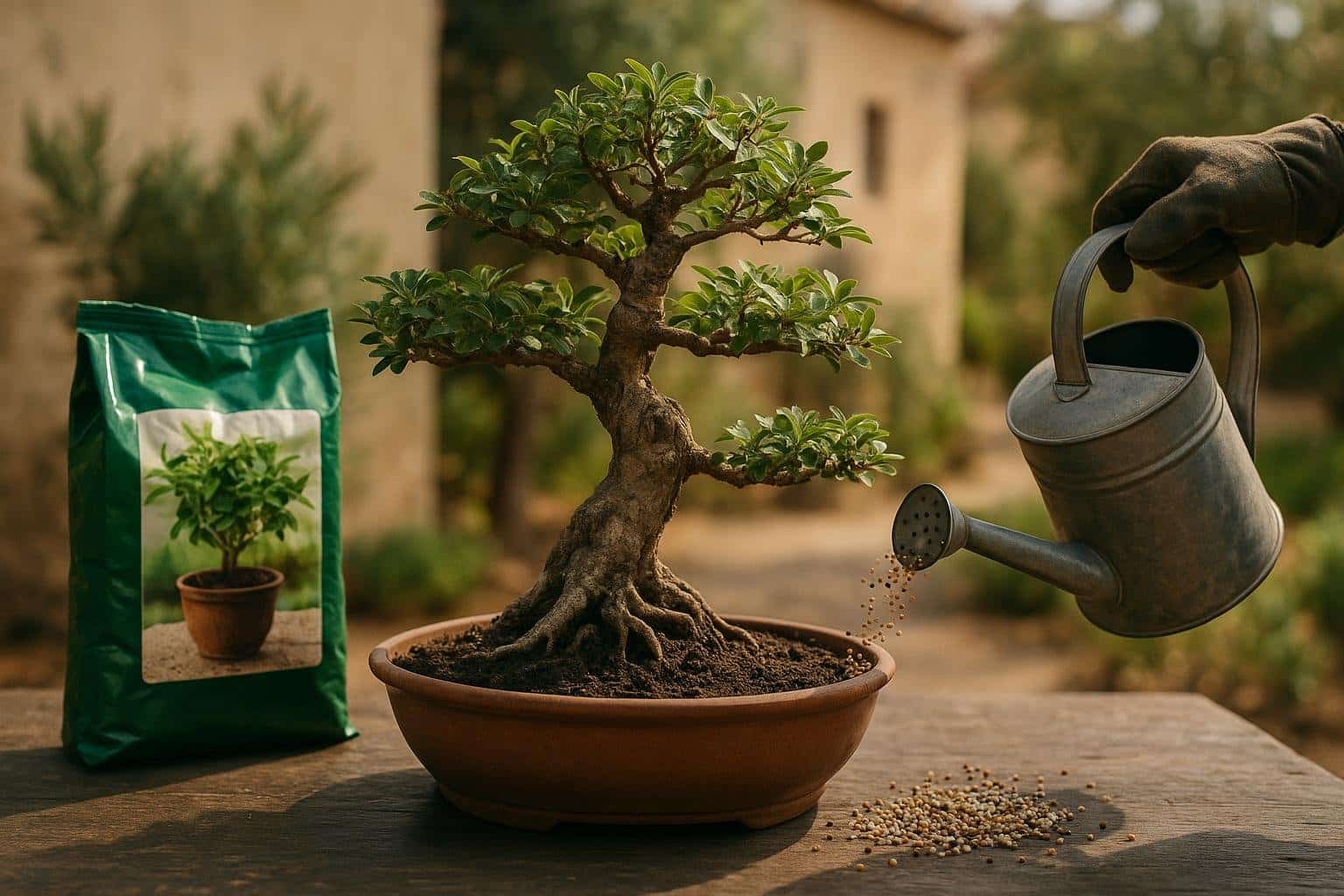 Organische Langzeitdunger-Pellets auf dem Substrat eines Bonsai