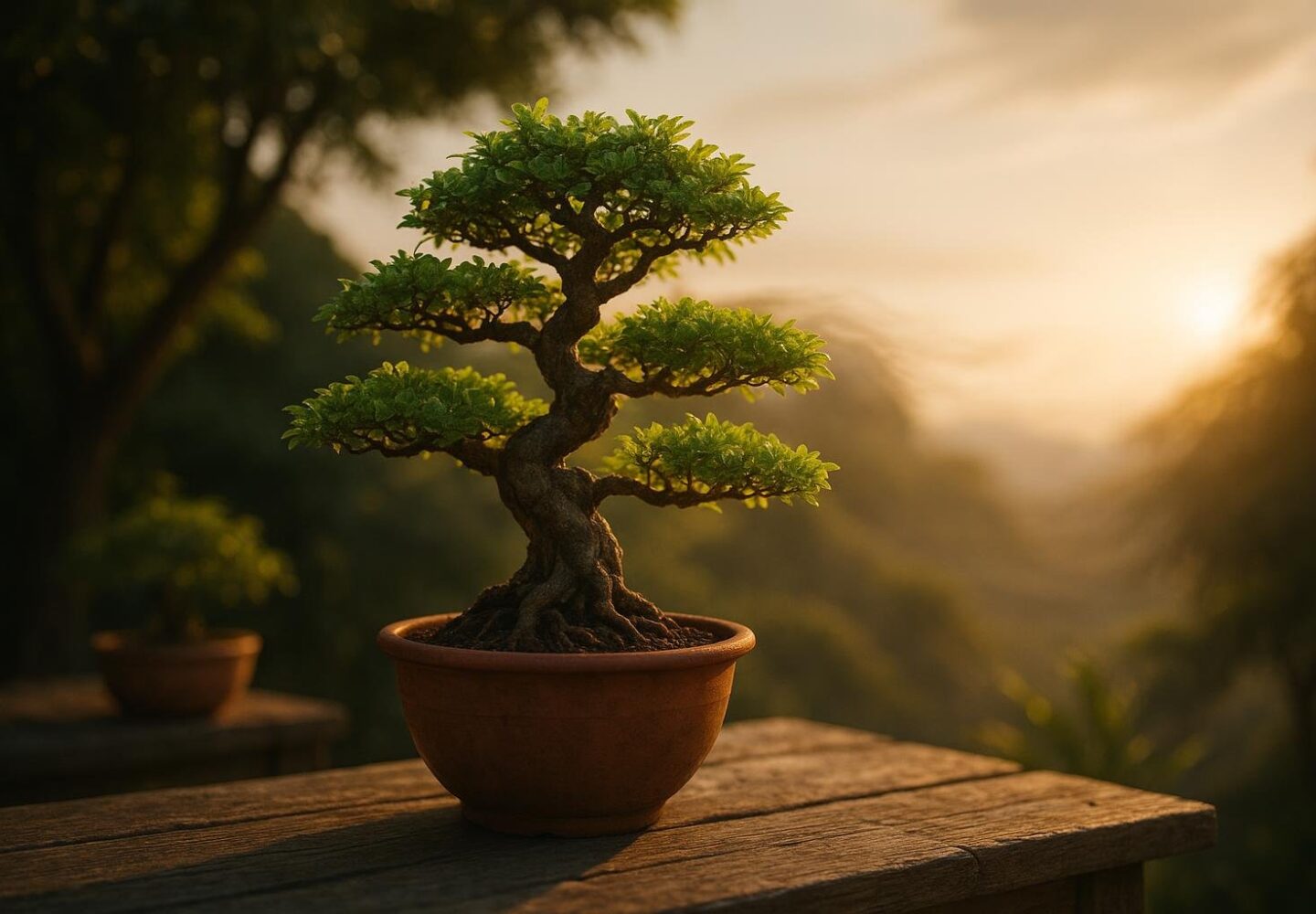 Bonsai in sommerlicher Position mit Schattennetz