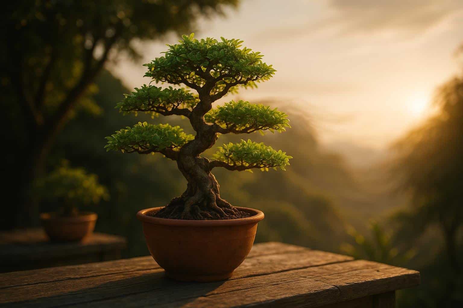 Bonsai in sommerlicher Position mit Schattennetz