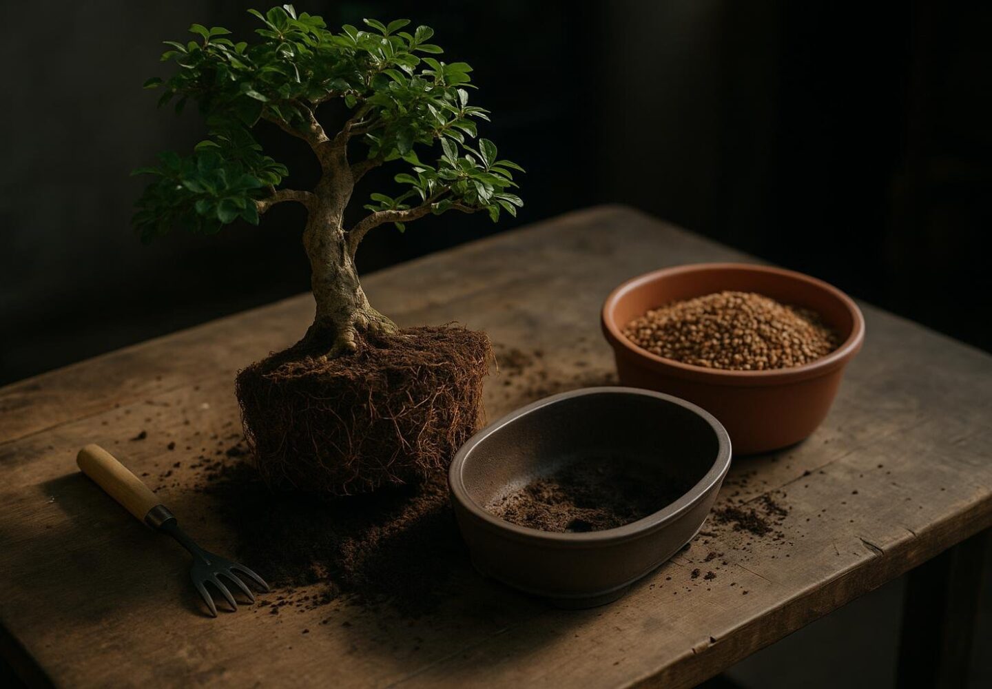 Repotting a bonsai with root pruning and fresh draining substrate