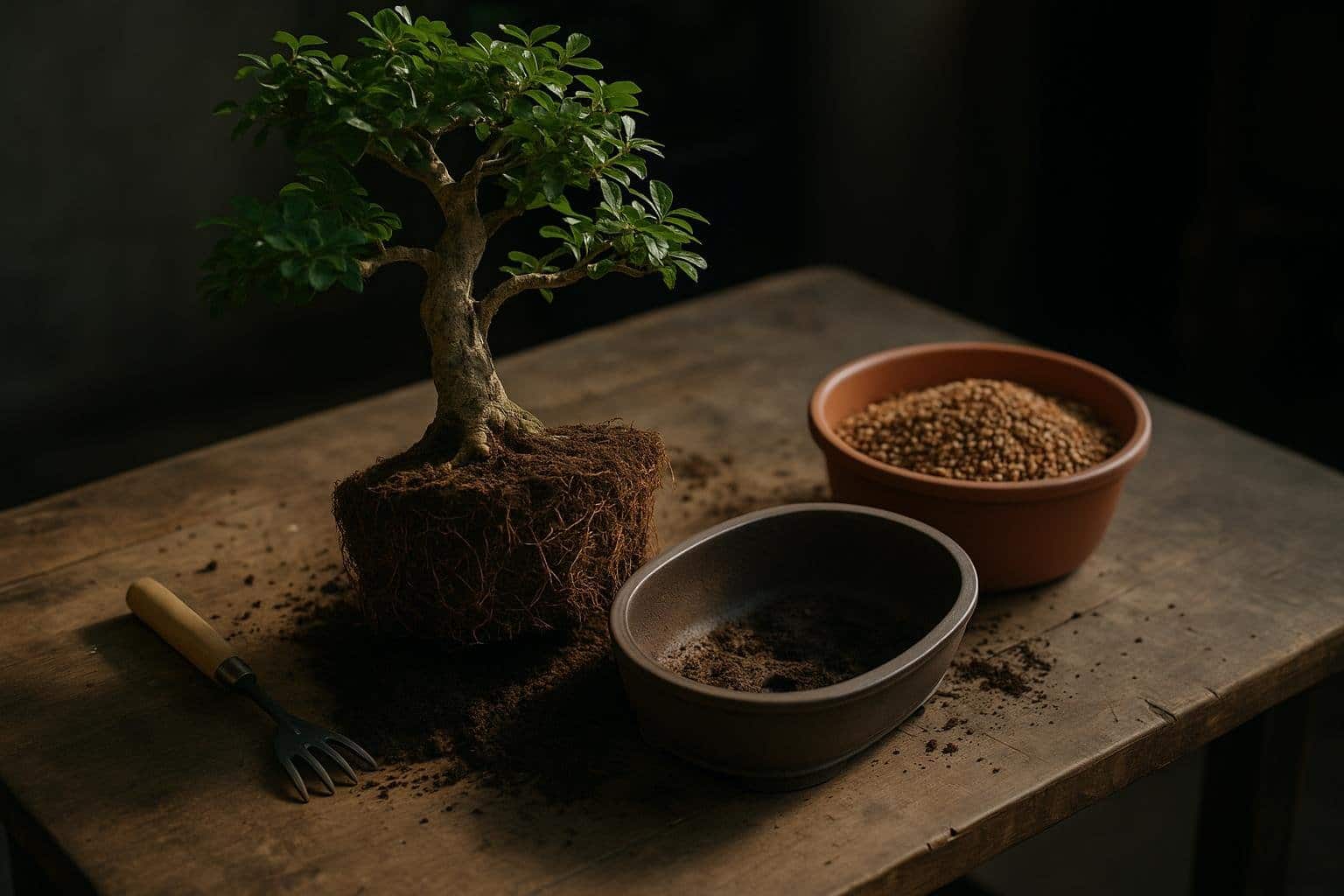 Repotting a bonsai with root pruning and fresh draining substrate