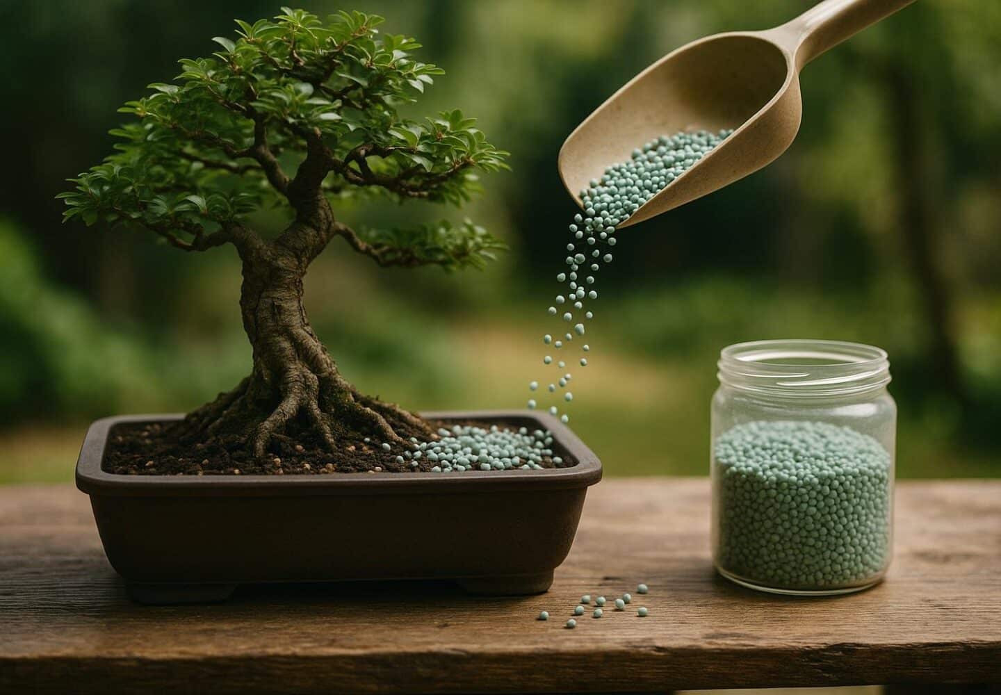 Slow-release organic fertilizer pellets on bonsai substrate