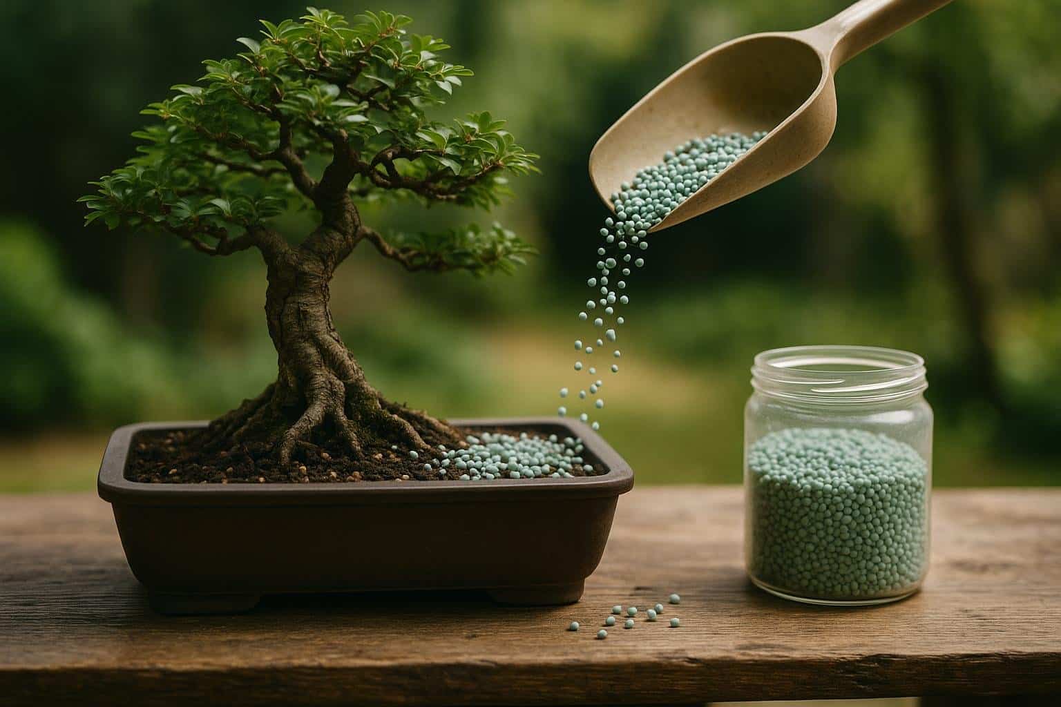 Slow-release organic fertilizer pellets on bonsai substrate