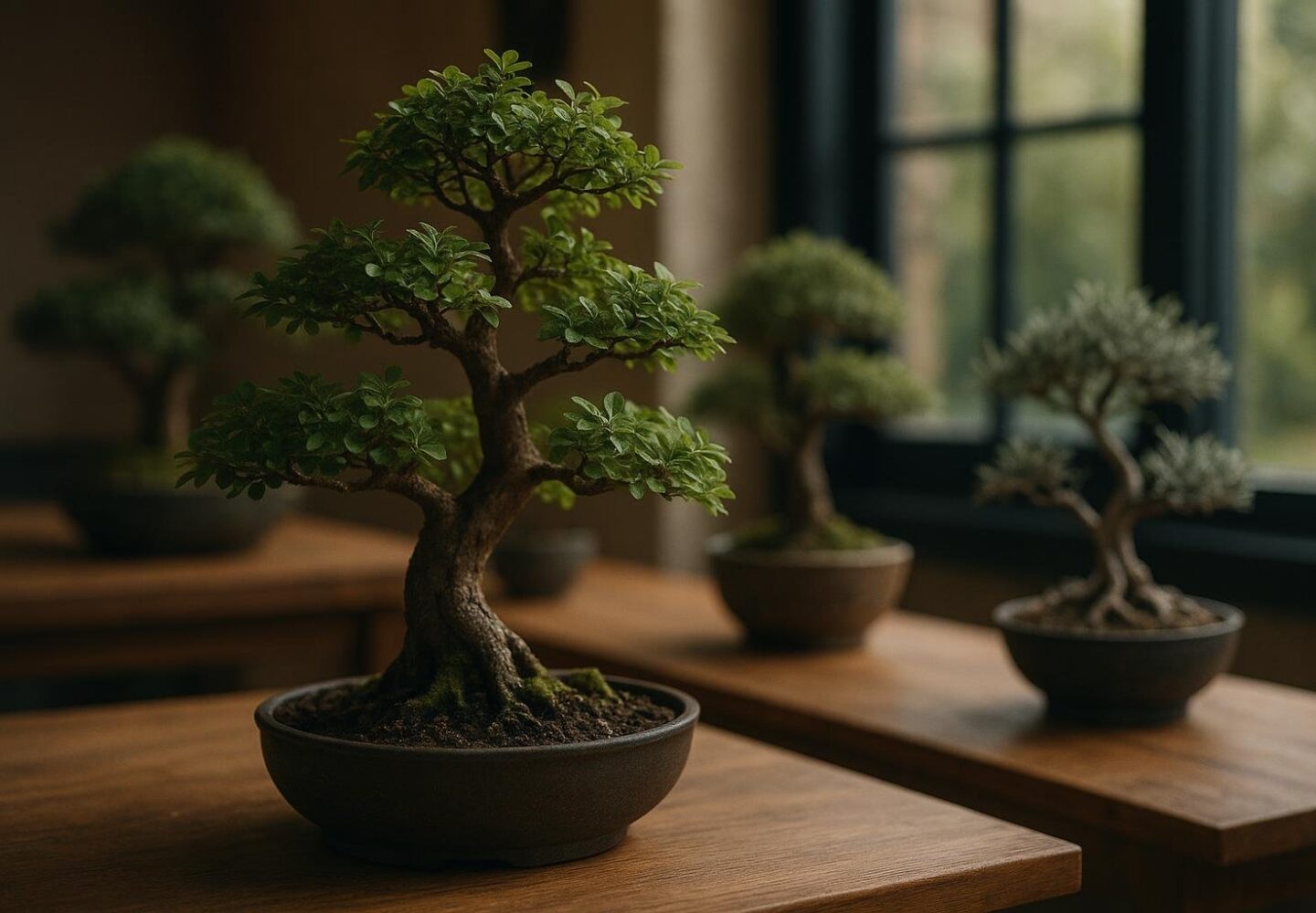 Bonsai in summer placement with partial shade cloth