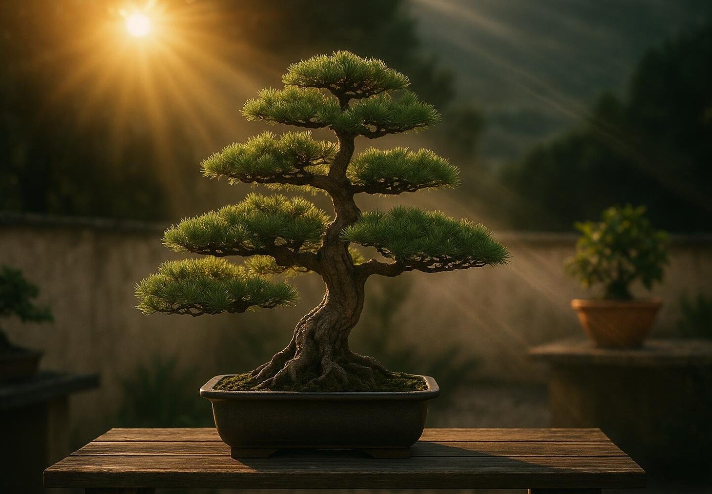 Bonsai in summer placement with partial shade cloth
